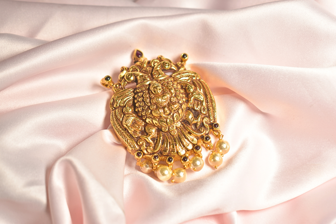 Majestic Gold Peacock Pendant with Pearl Detailing
