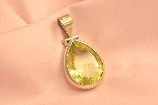 Teardrop Yellow Citrine Pendant in Polished Silver Setting