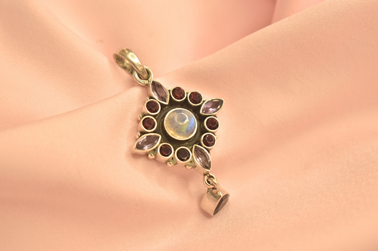 Floral Moonstone Pendant with Garnet and Amethyst Accents