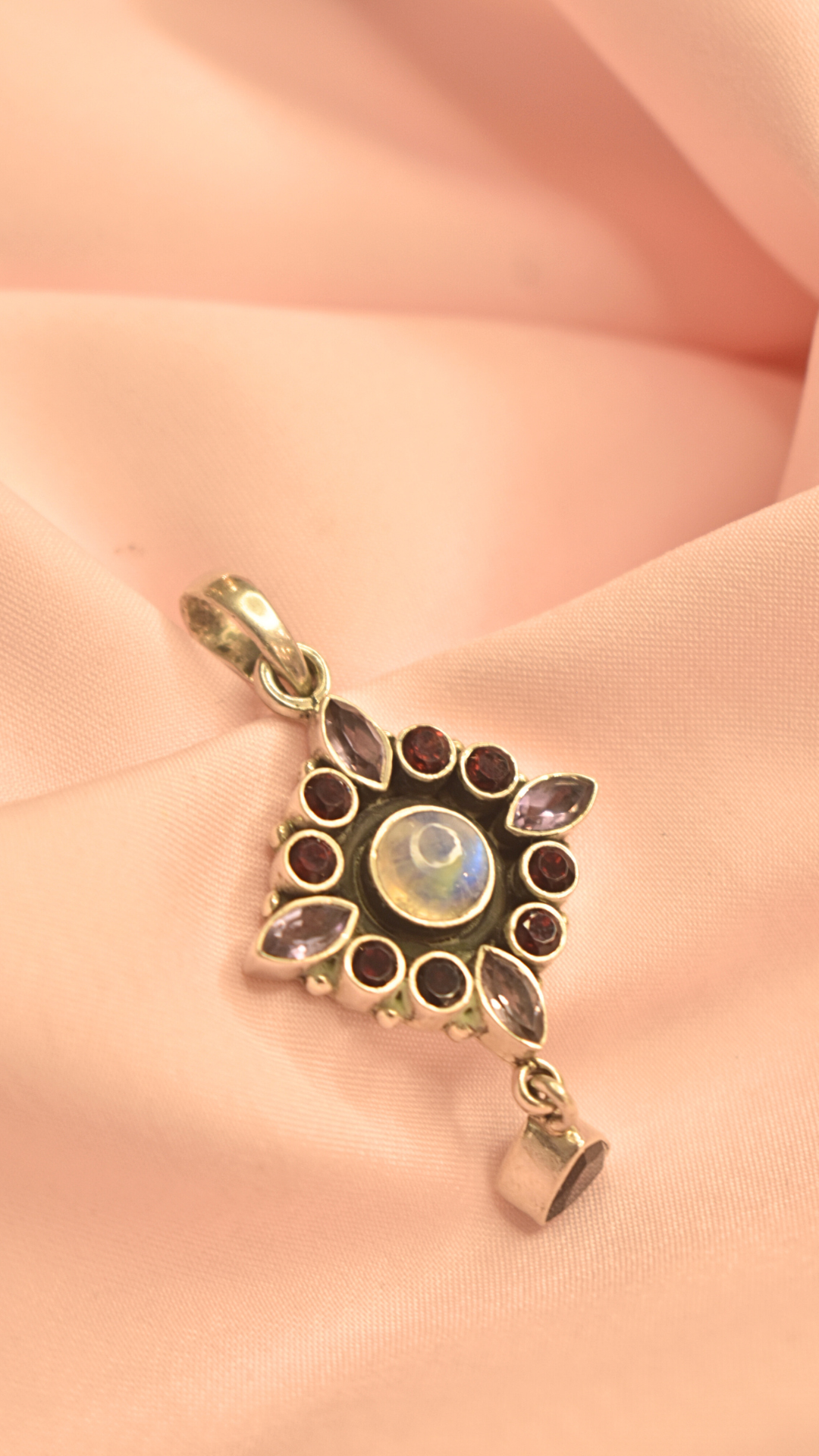 Floral Moonstone Pendant with Garnet and Amethyst Accents