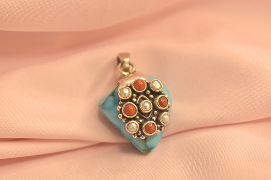 Bohemian Turquoise Pendant with Coral Accents