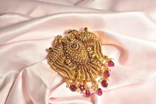 Exquisite Gold Peacock Pendant with Ruby & Pearl Embellishments